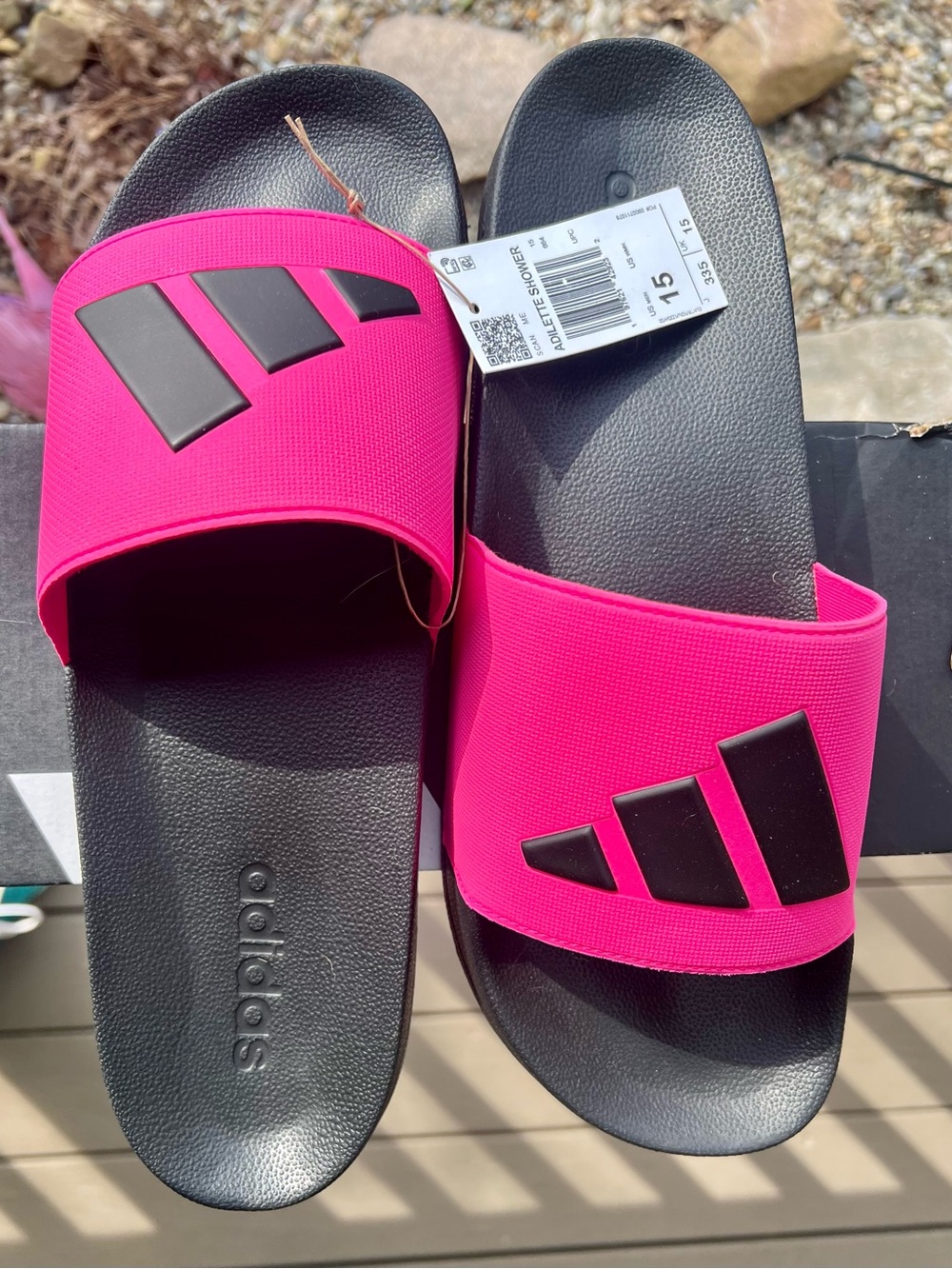NWT Adidas MENS Size 15 unisex,  Hot Pink/Black Adilette Slide Sandals